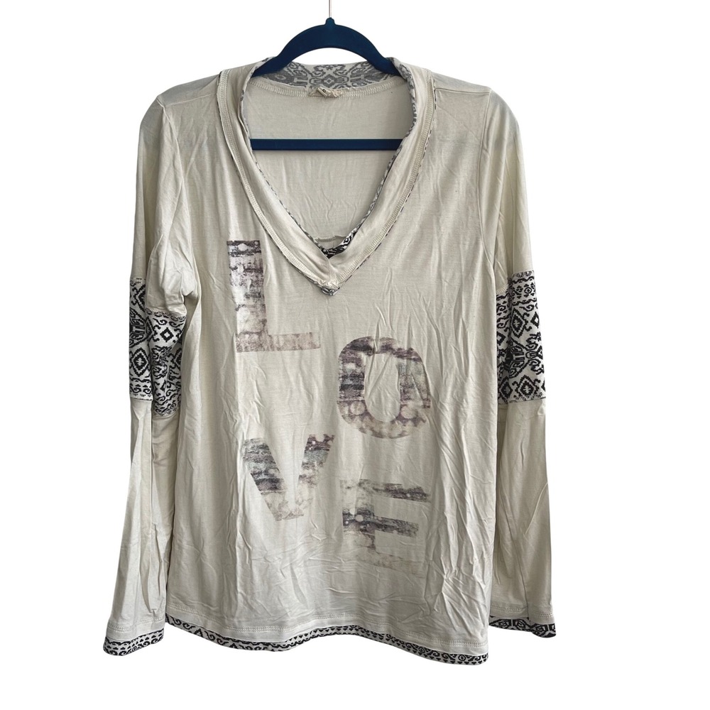 Pol Love Graphic‎ Top Women Small Cream Boho Tribal Print V-Neck Long Sleeve